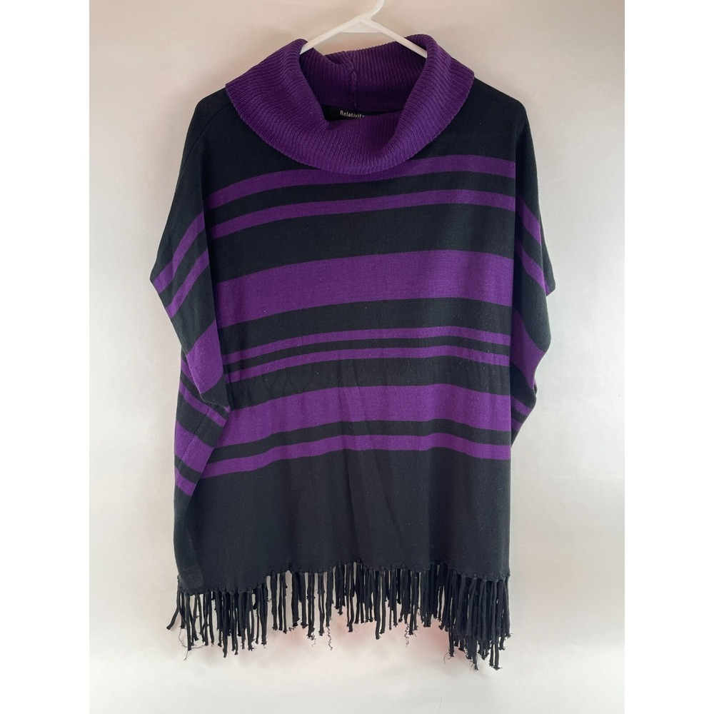 Relativity Sweater Women's Size Large Purple Black Striped Faux Poncho Cowl Neck